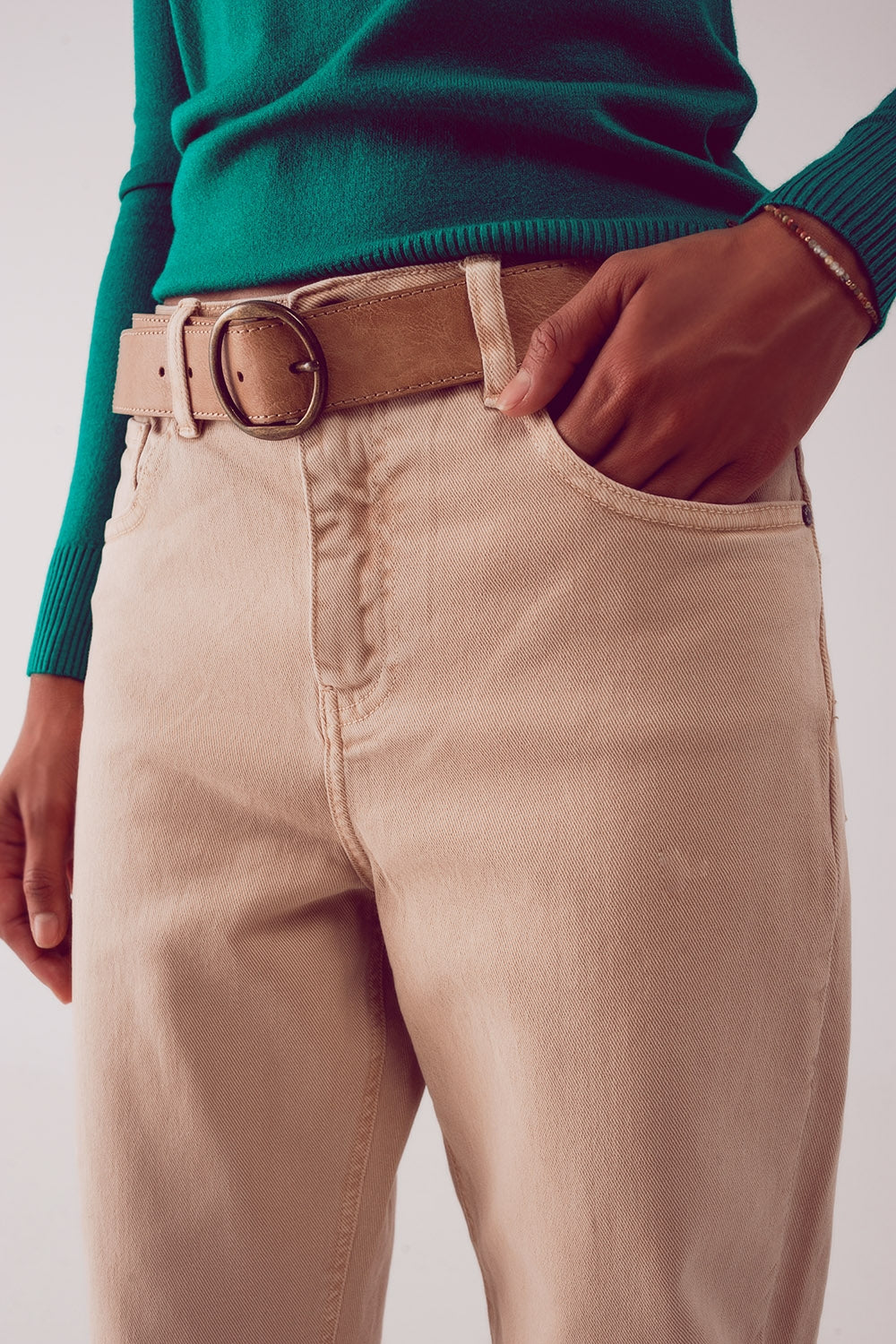 Cotton mid rise slouchy jean in BEIGE - Coloured Jeans