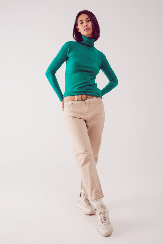 Fine knit high neck jumper in green - jumper