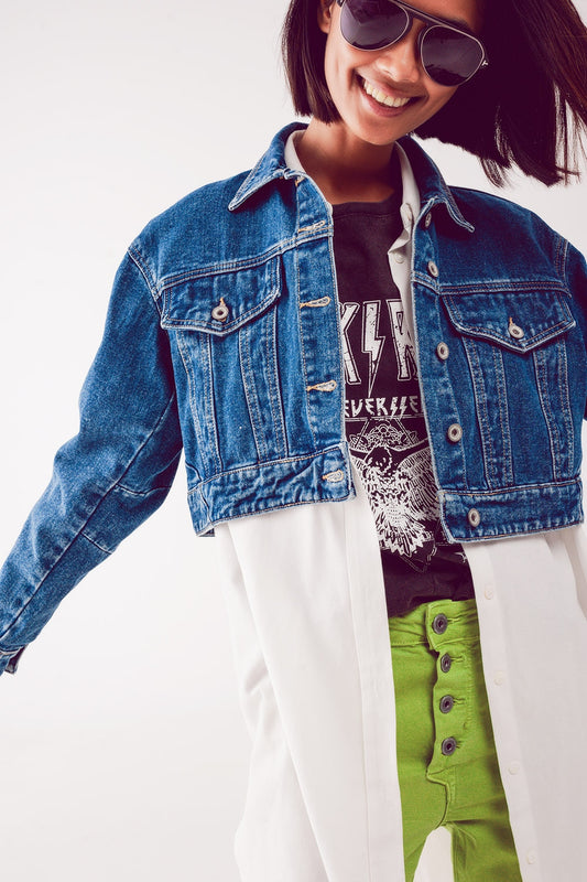 Cropped denim jacket in mid blue - blazer