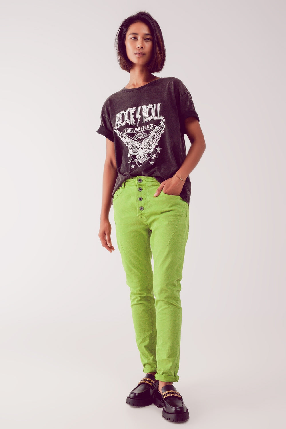 Exposed buttons skinny jeans in green - Coloured Jeans