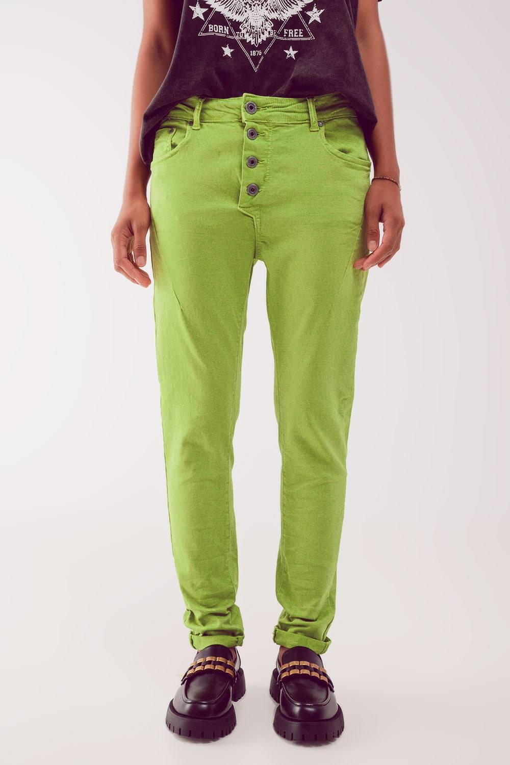 Exposed buttons skinny jeans in green - Coloured Jeans