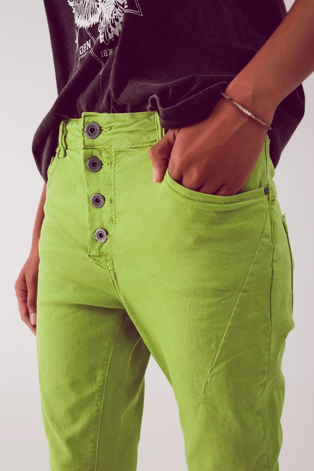 Exposed buttons skinny jeans in green - Coloured Jeans