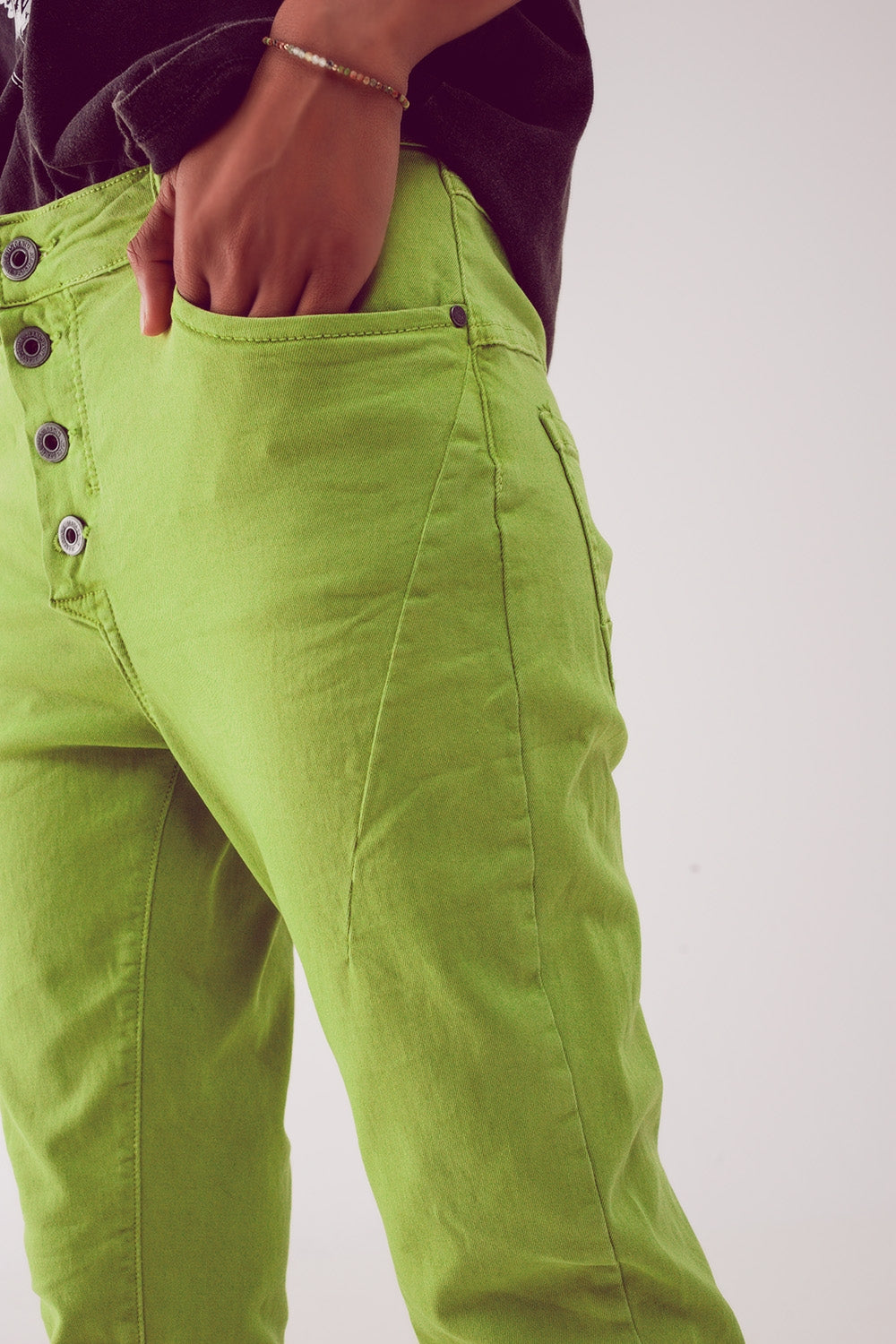Exposed buttons skinny jeans in green - Coloured Jeans