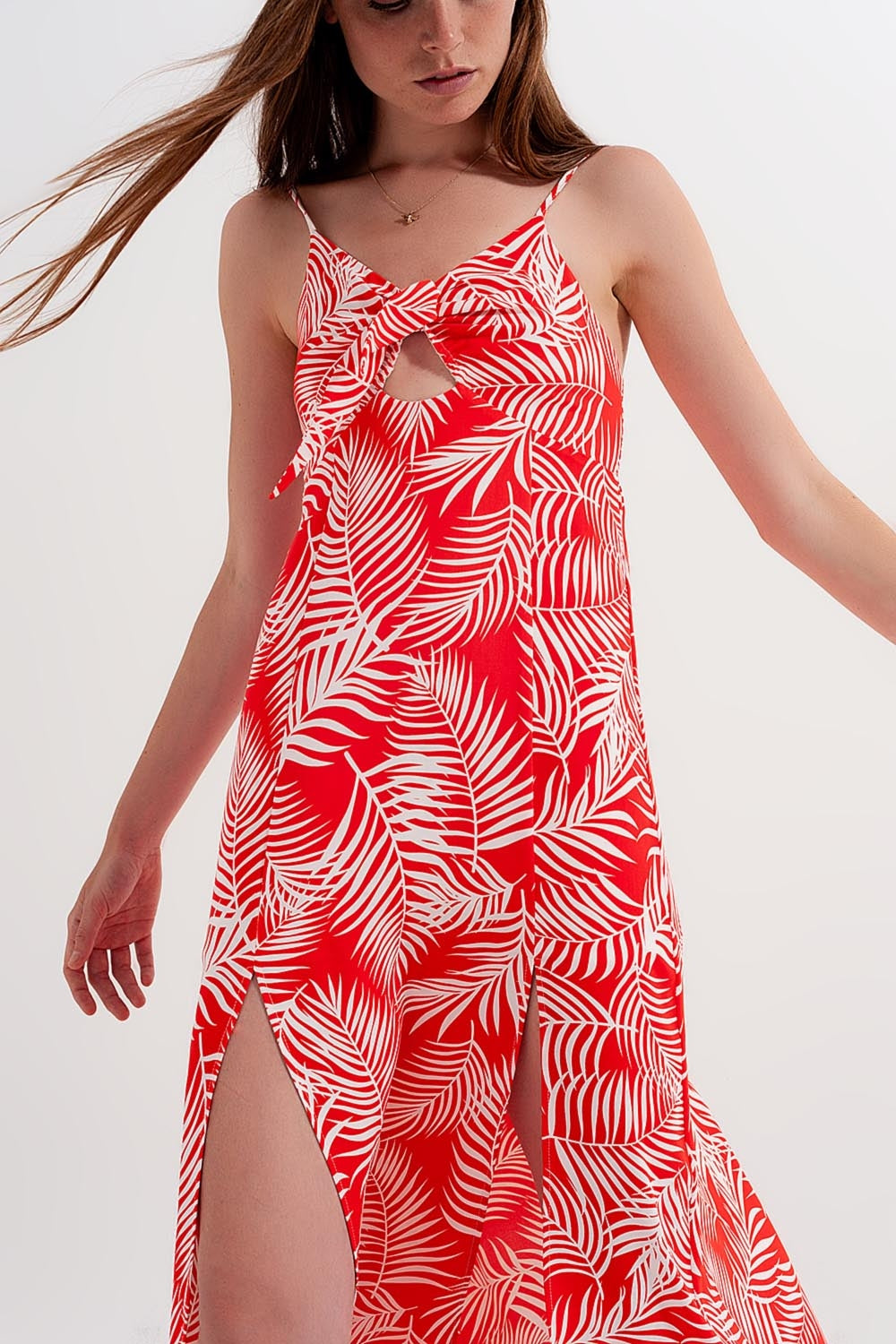 Maxi dress with splits in red leaves print - dress