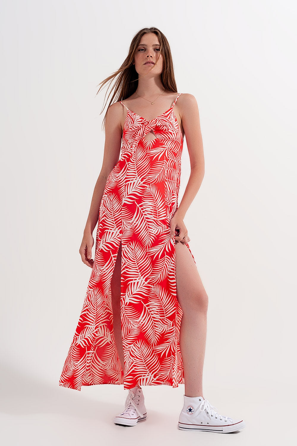 Maxi dress with splits in red leaves print - dress