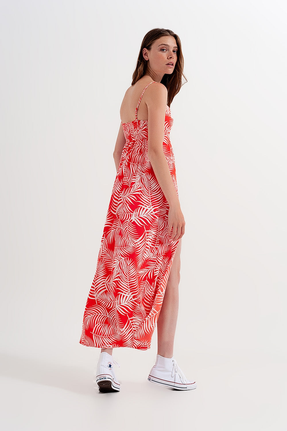 Maxi dress with splits in red leaves print - dress