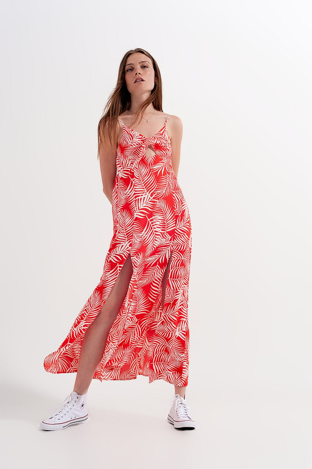 Maxi dress with splits in red leaves print - dress