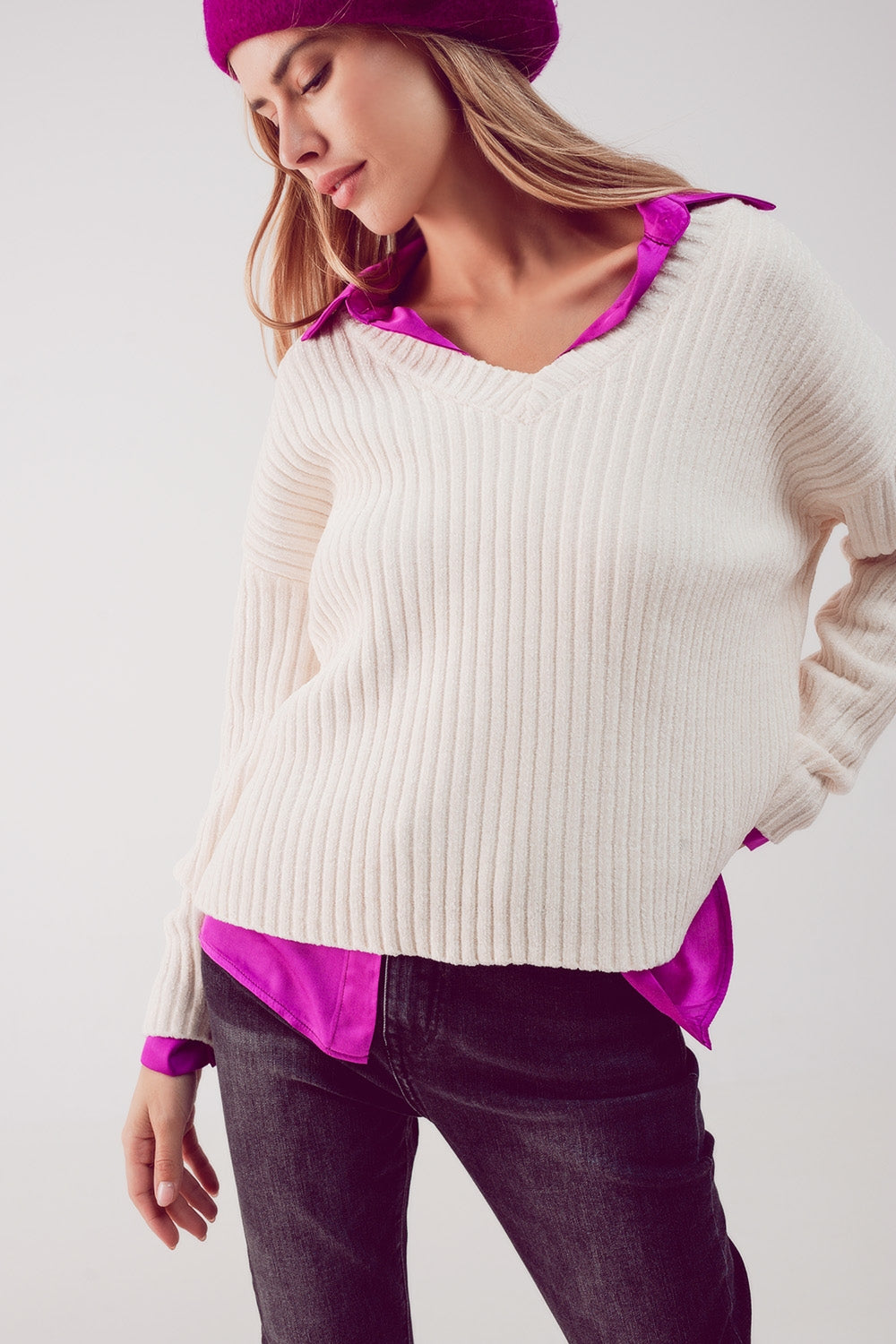 Knitted chenille jumper in cream