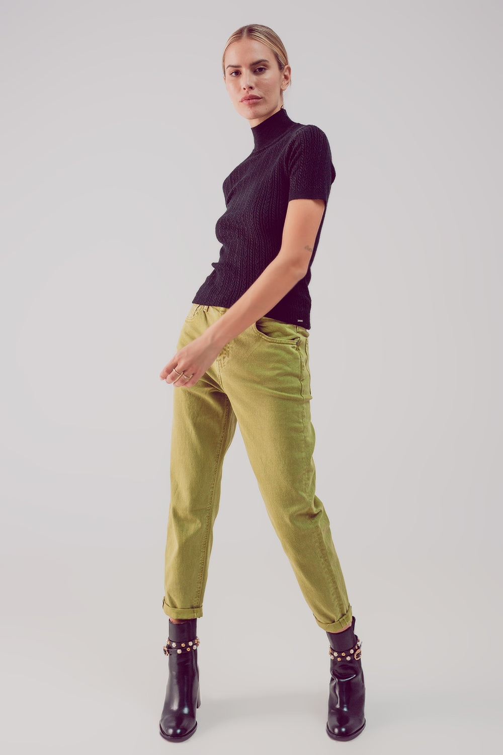 Cotton mid rise slouchy jean in acid lime - Coloured Jeans