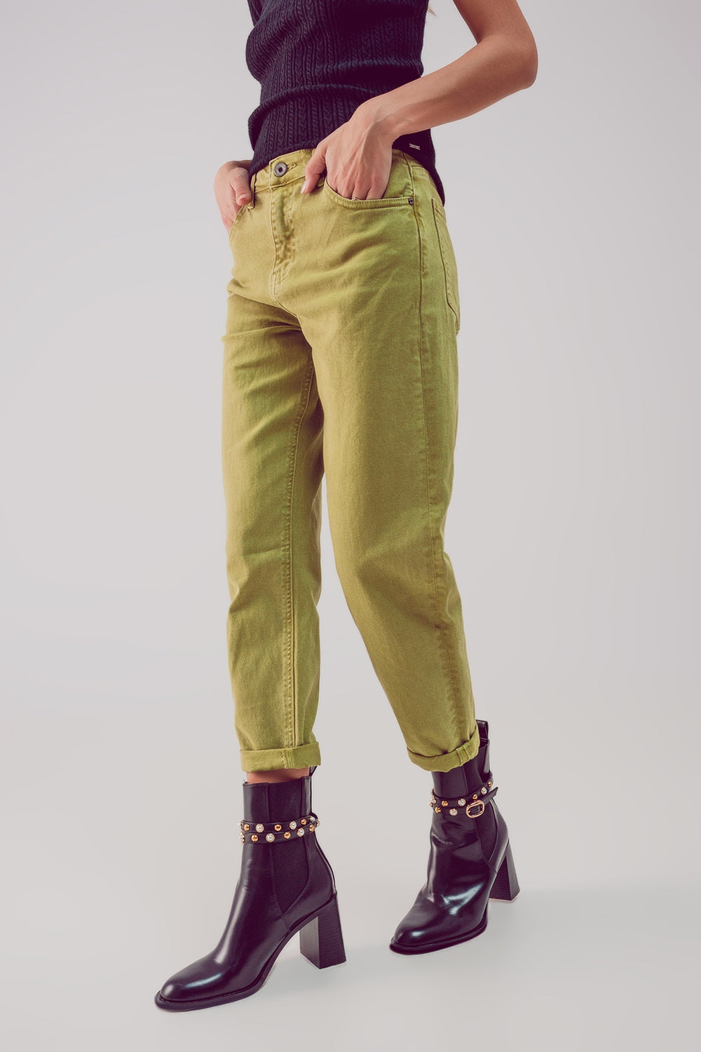 Cotton mid rise slouchy jean in acid lime - Coloured Jeans