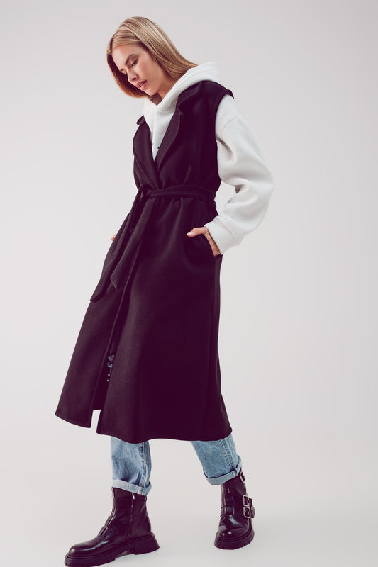 Ultra longline belted gilet in black - blazer