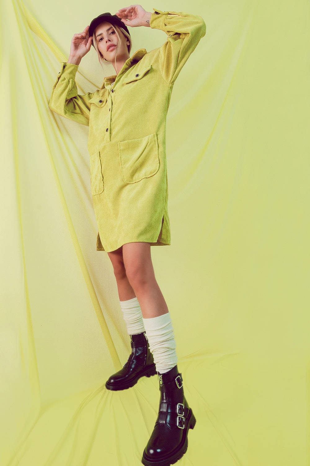 Cord mini shirt dress in lime - dress