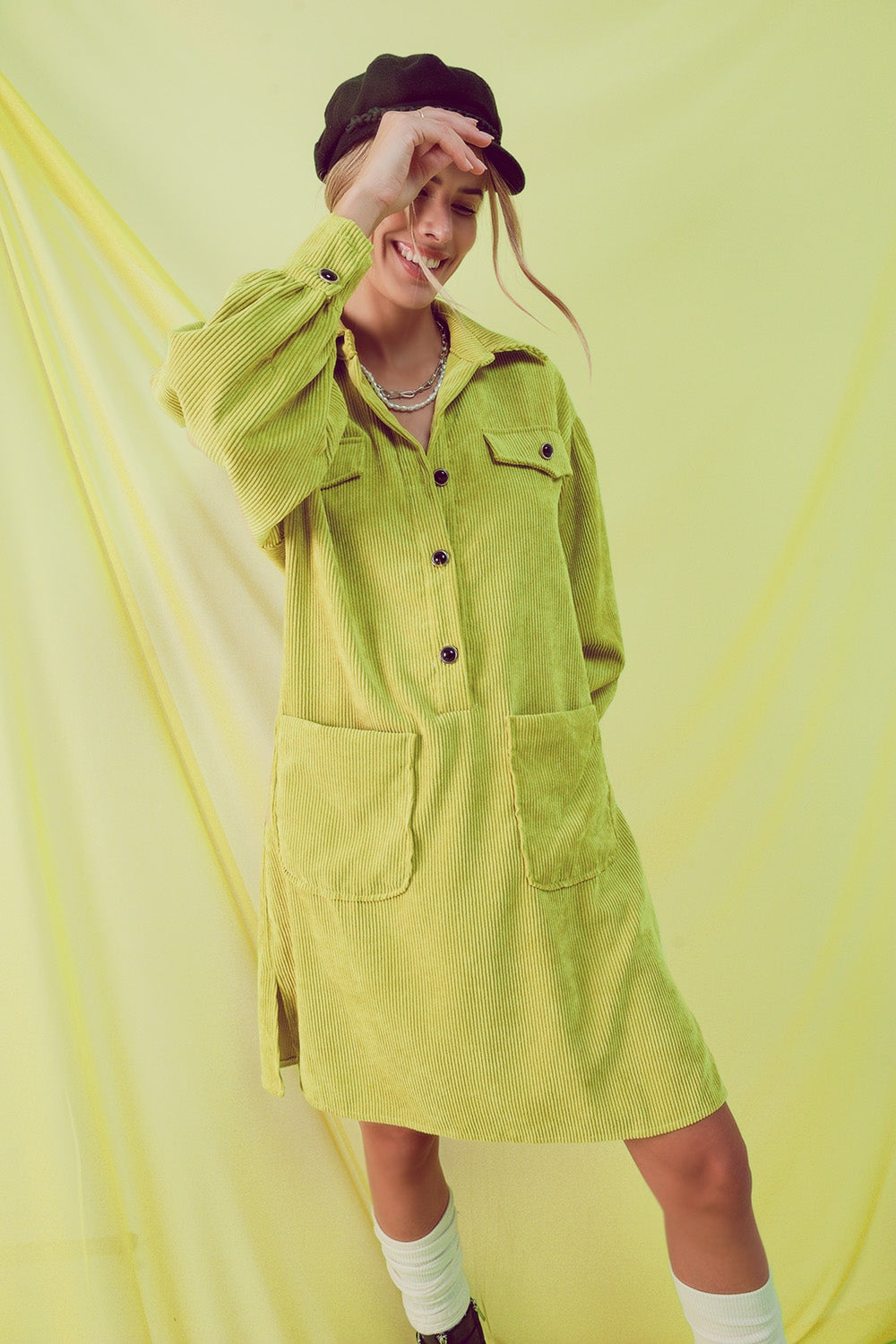 Cord mini shirt dress in lime - dress