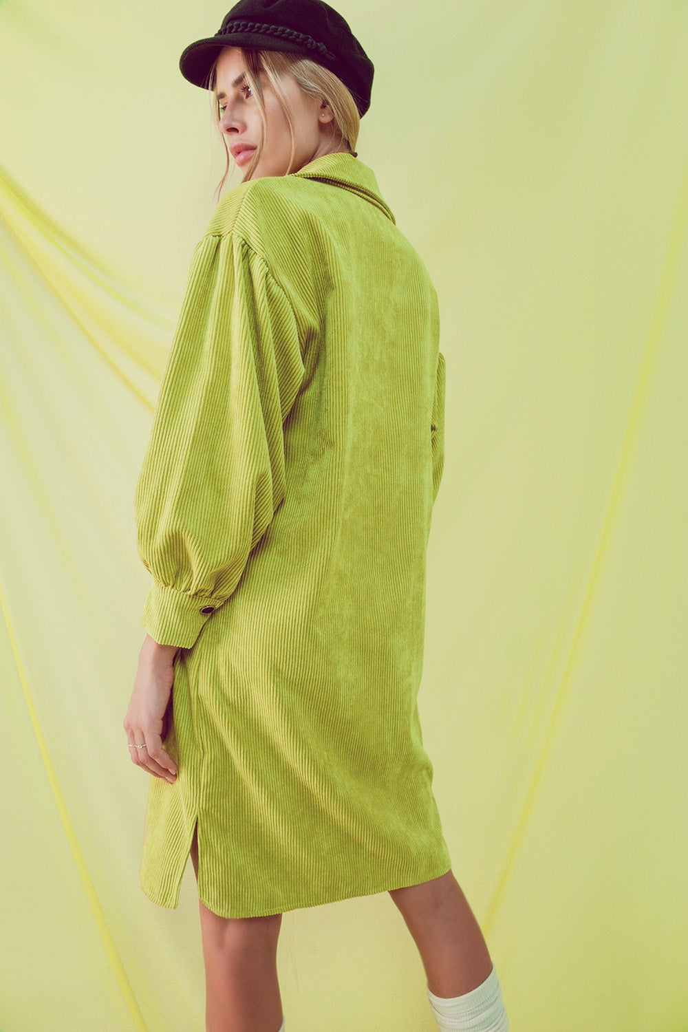 Cord mini shirt dress in lime - dress