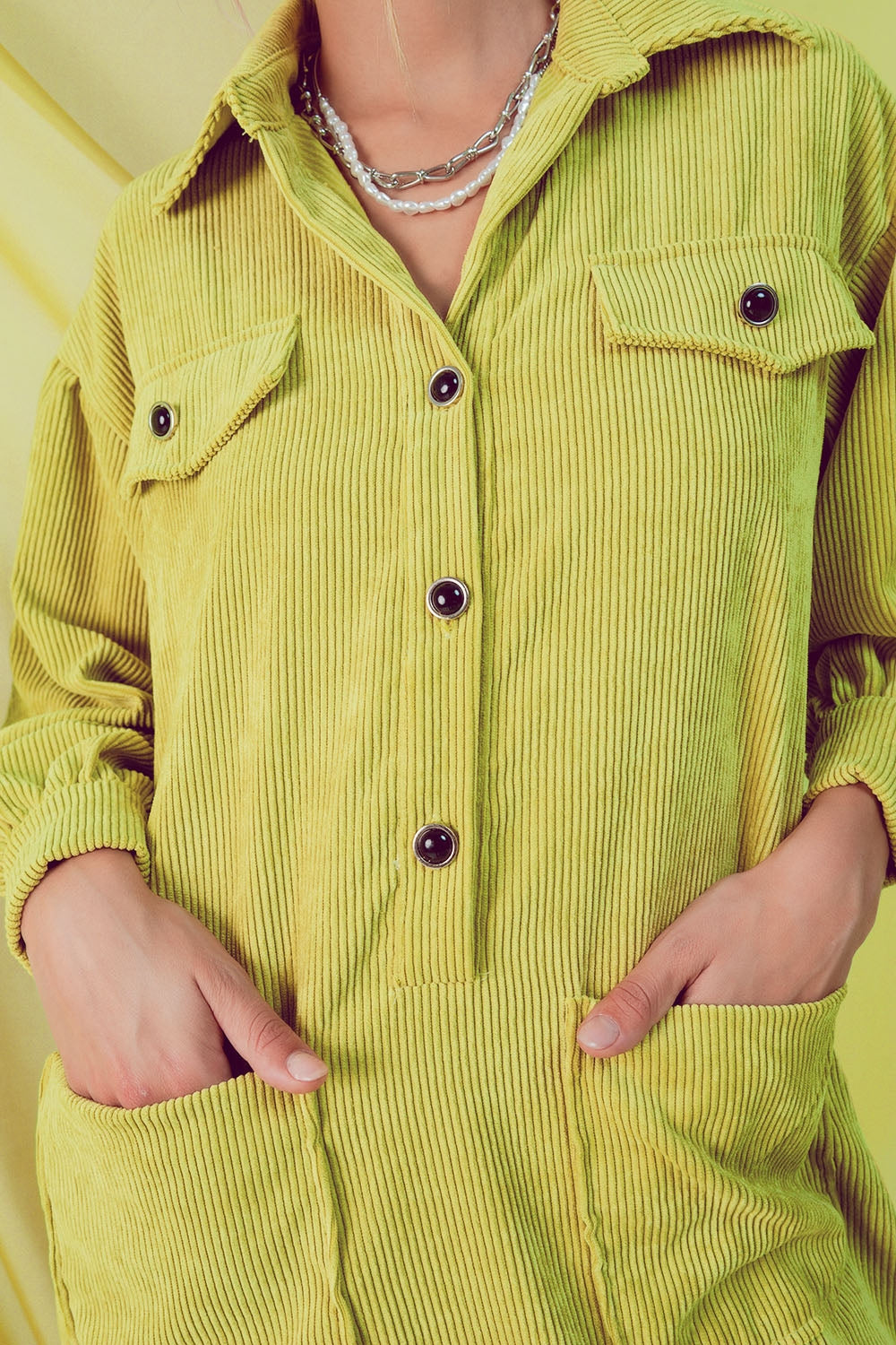 Cord mini shirt dress in lime - dress