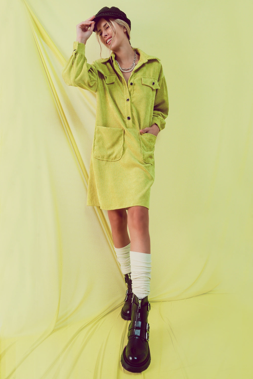 Cord mini shirt dress in lime - dress
