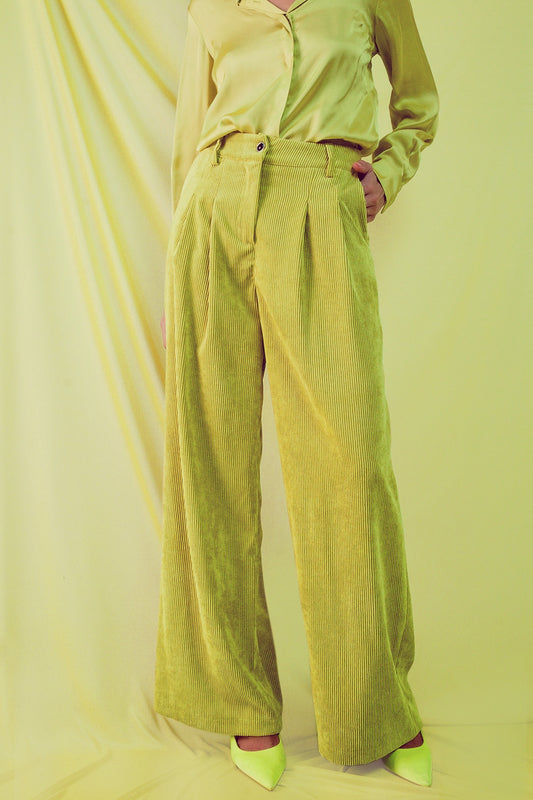 High rise straight leg pants in lime cord - trousers