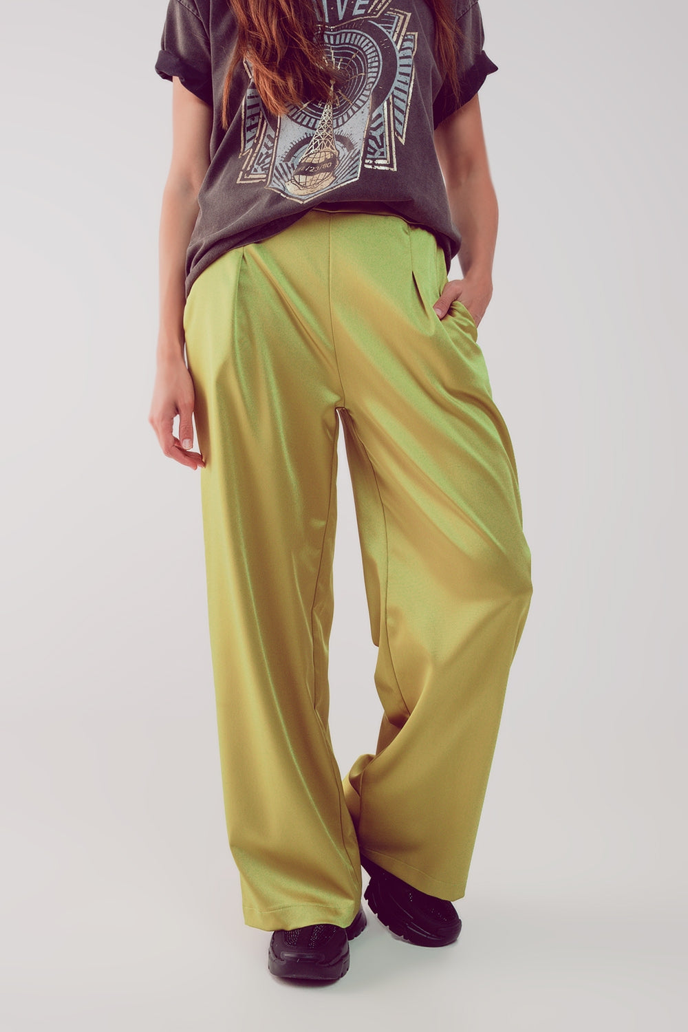 wide leg satin pants in acid lime - trousers