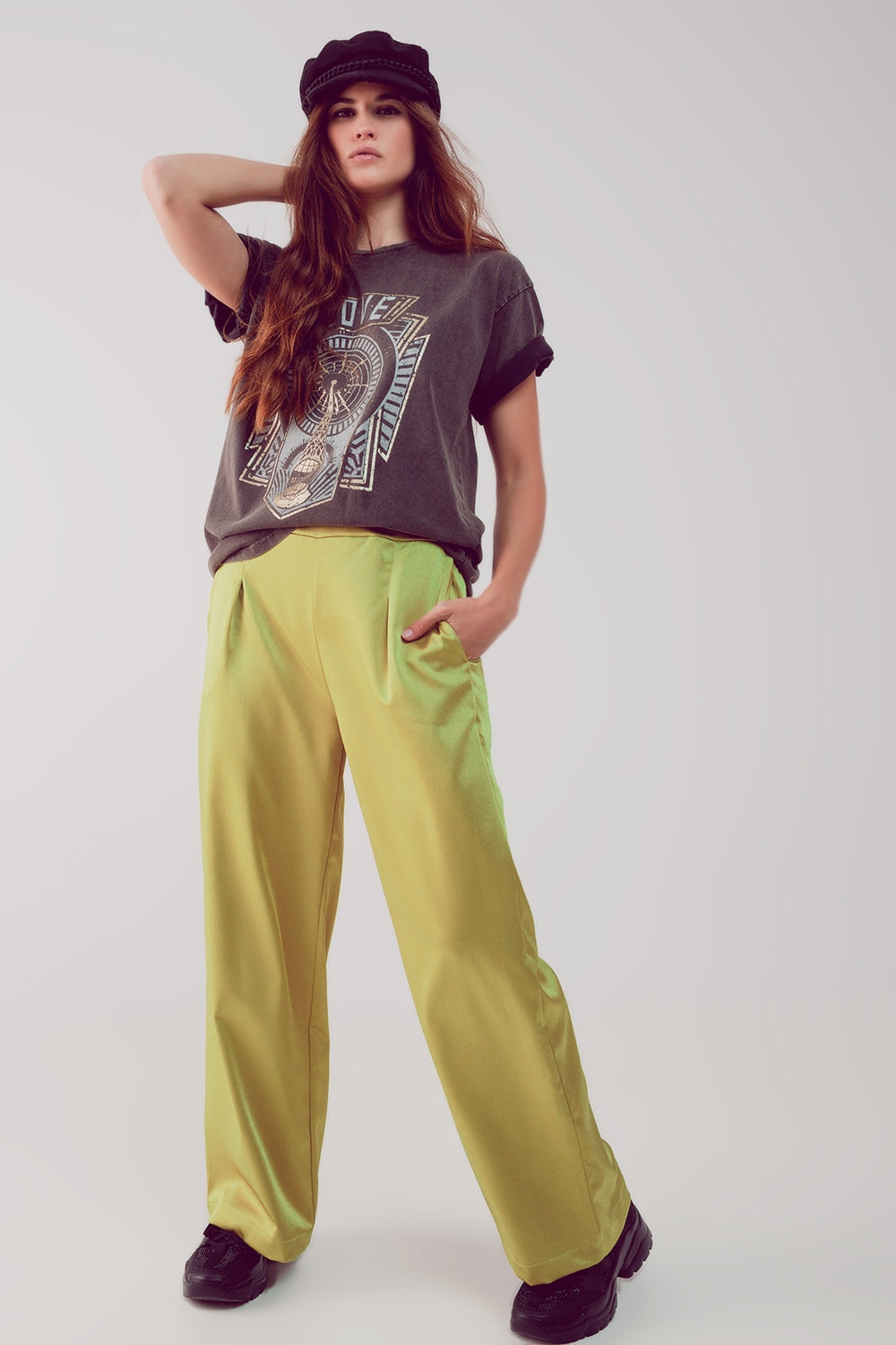 wide leg satin pants in acid lime - trousers