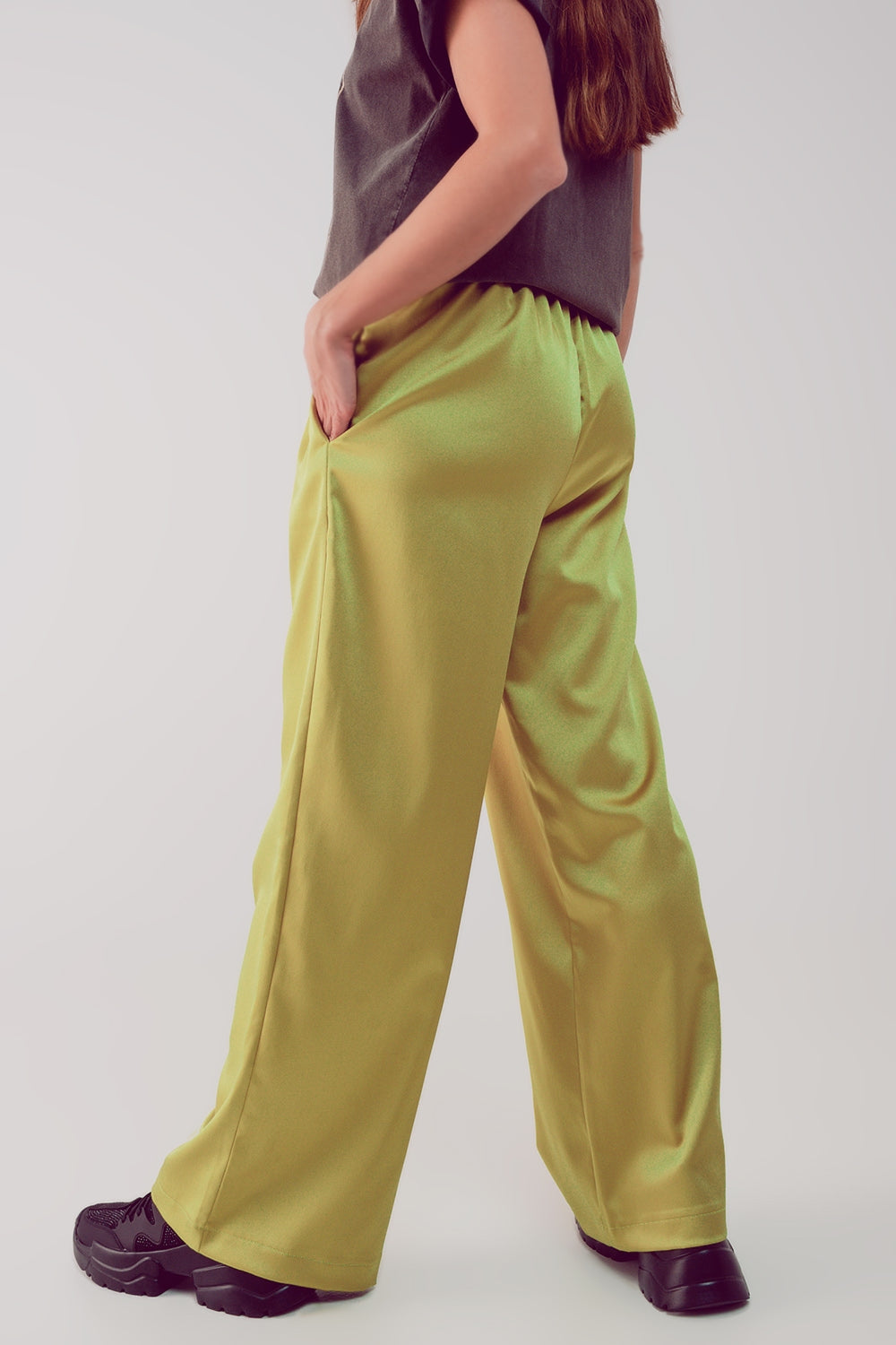 wide leg satin pants in acid lime - trousers