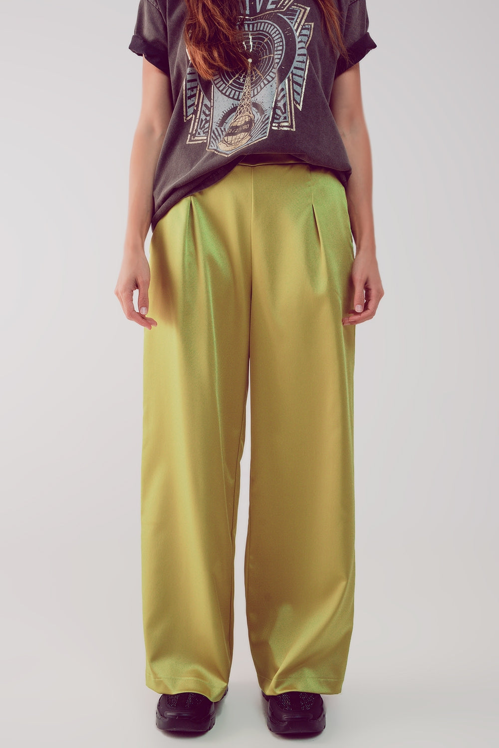 wide leg satin pants in acid lime - trousers