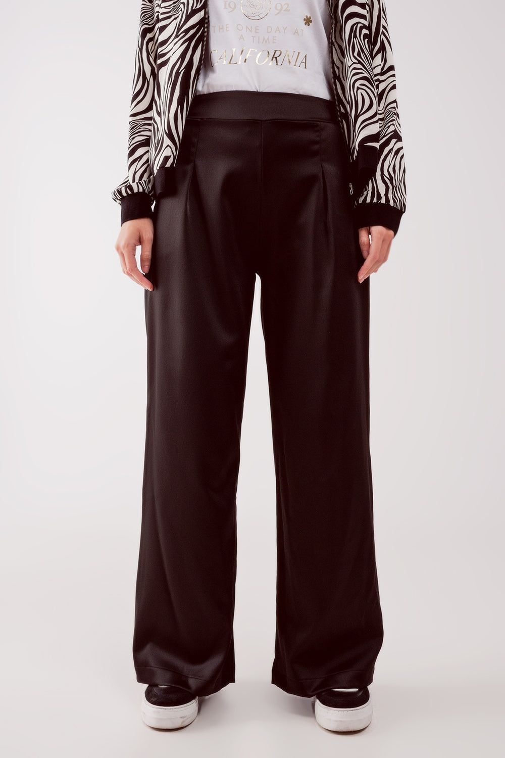 wide leg satin pants in black - trousers