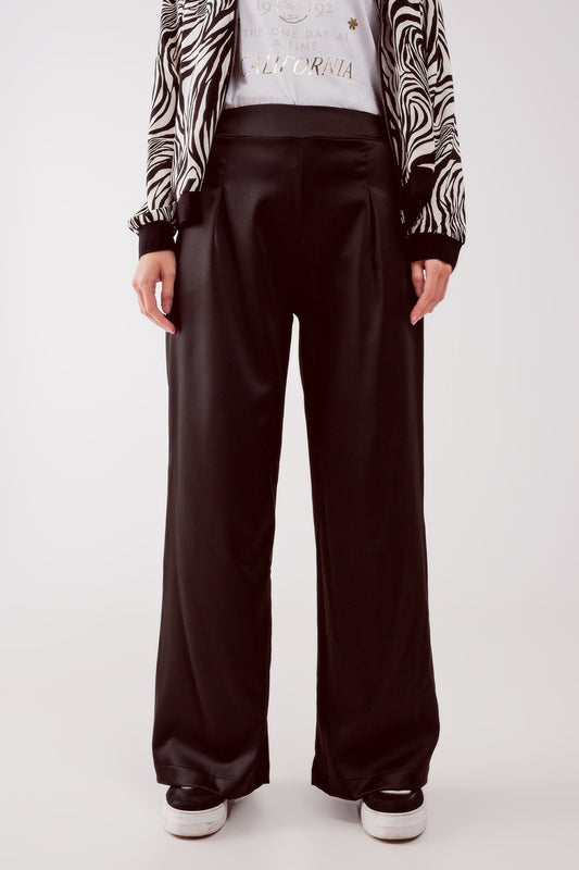 wide leg satin pants in black - trousers