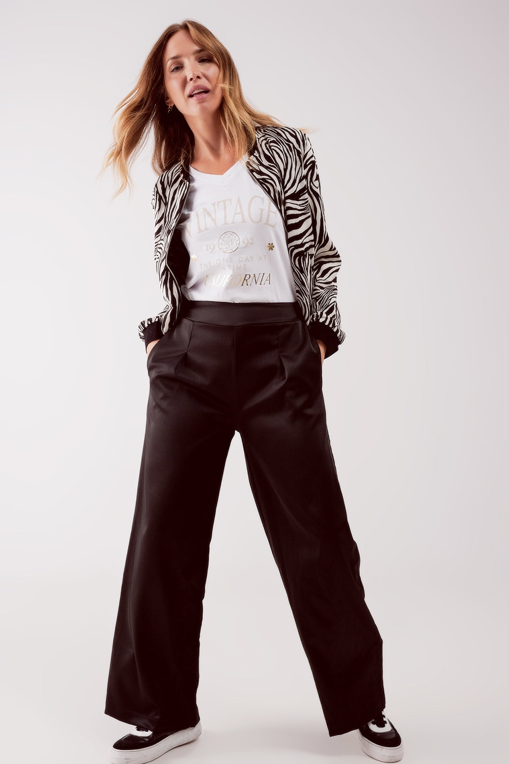 wide leg satin pants in black - trousers
