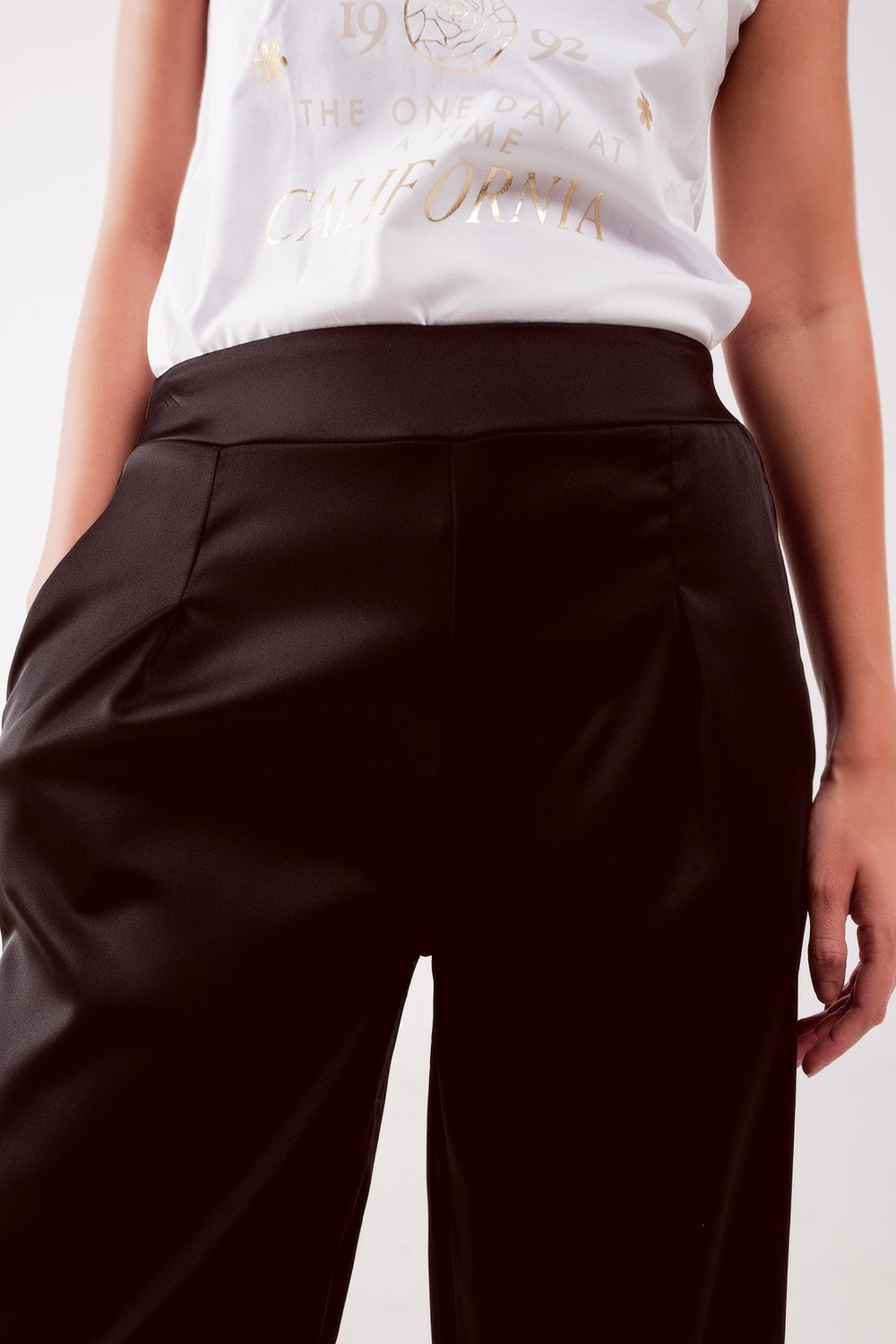 wide leg satin pants in black - trousers