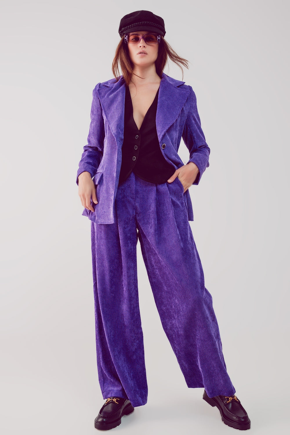 High rise straight leg pants in purple cord - trousers