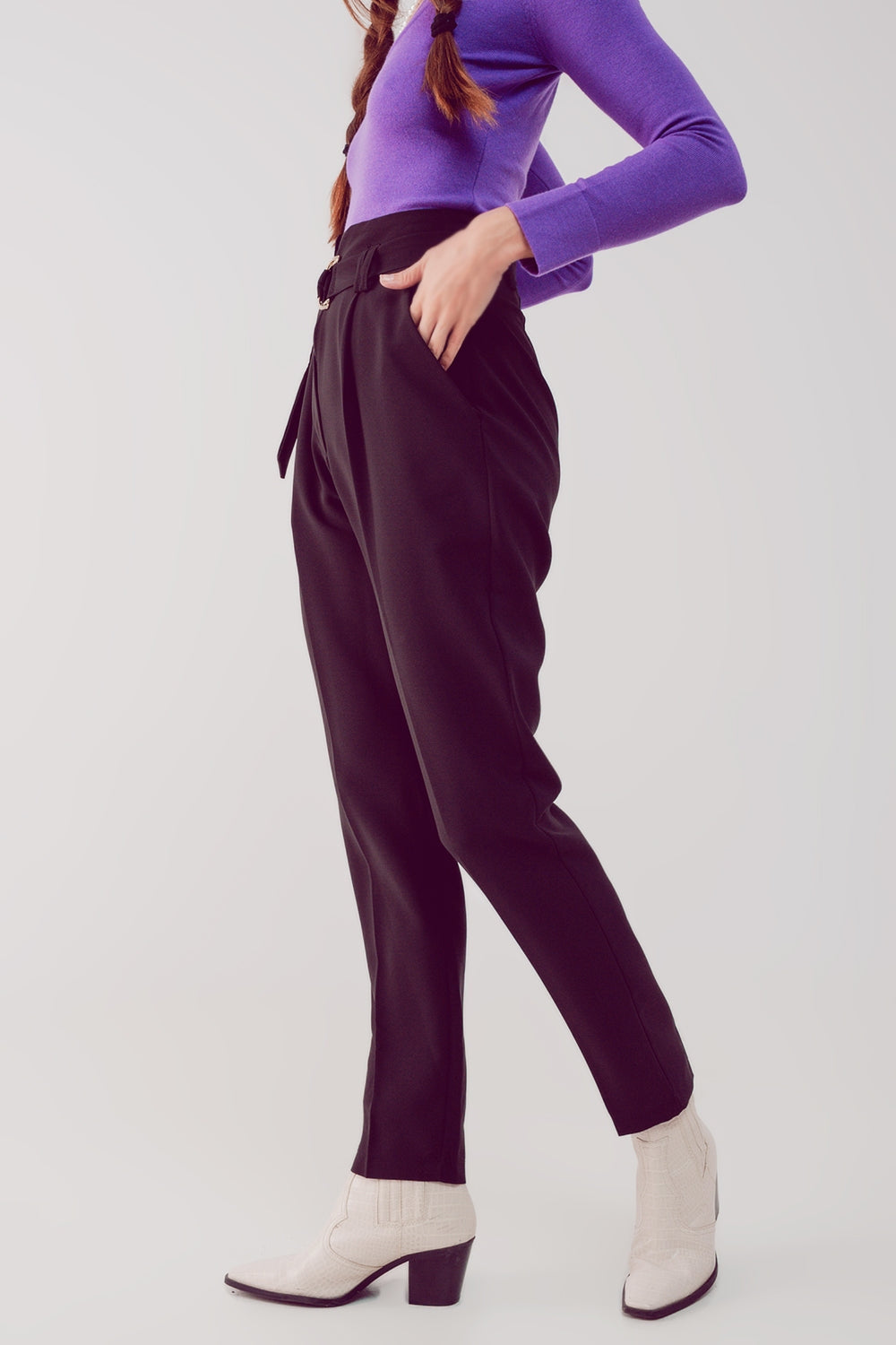 cigarette pants with paper-bag waist in black - trousers