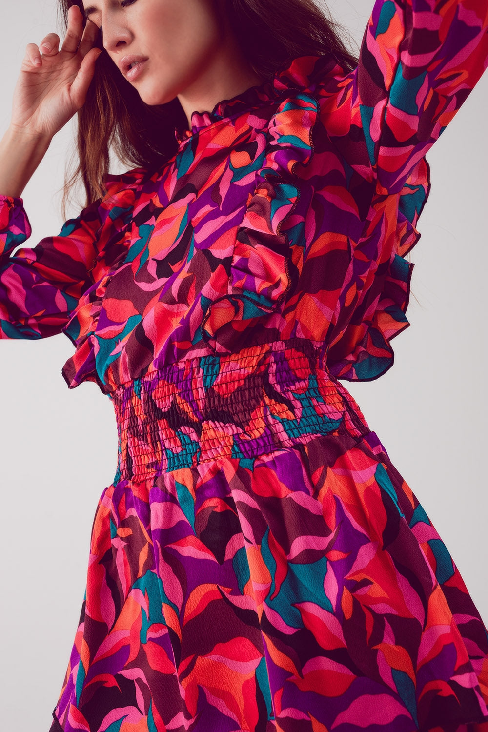 Layered frill mini dress in fucshia floral - dress