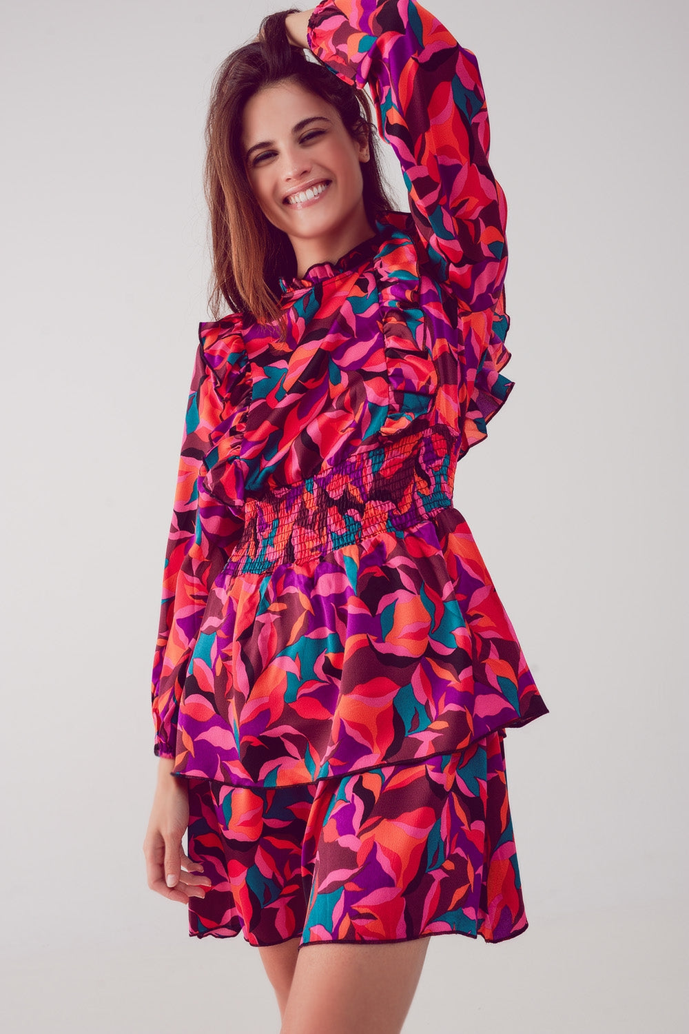 Layered frill mini dress in fucshia floral - dress