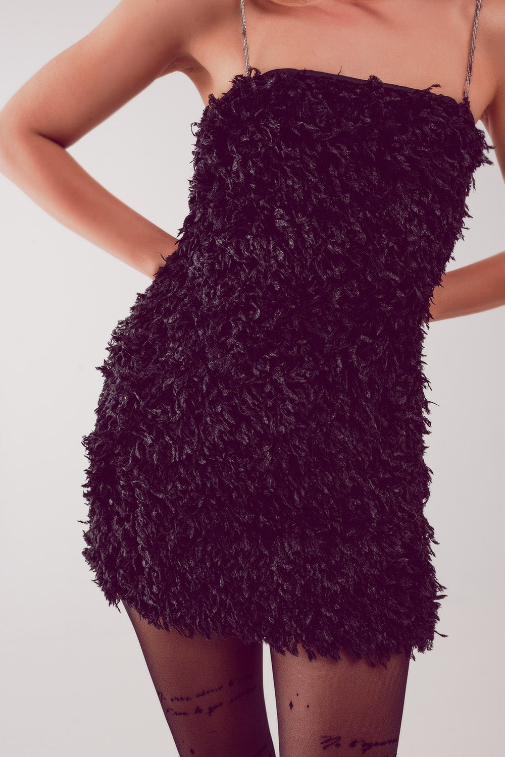 All over faux feather sleeveless mini dress in black - dress
