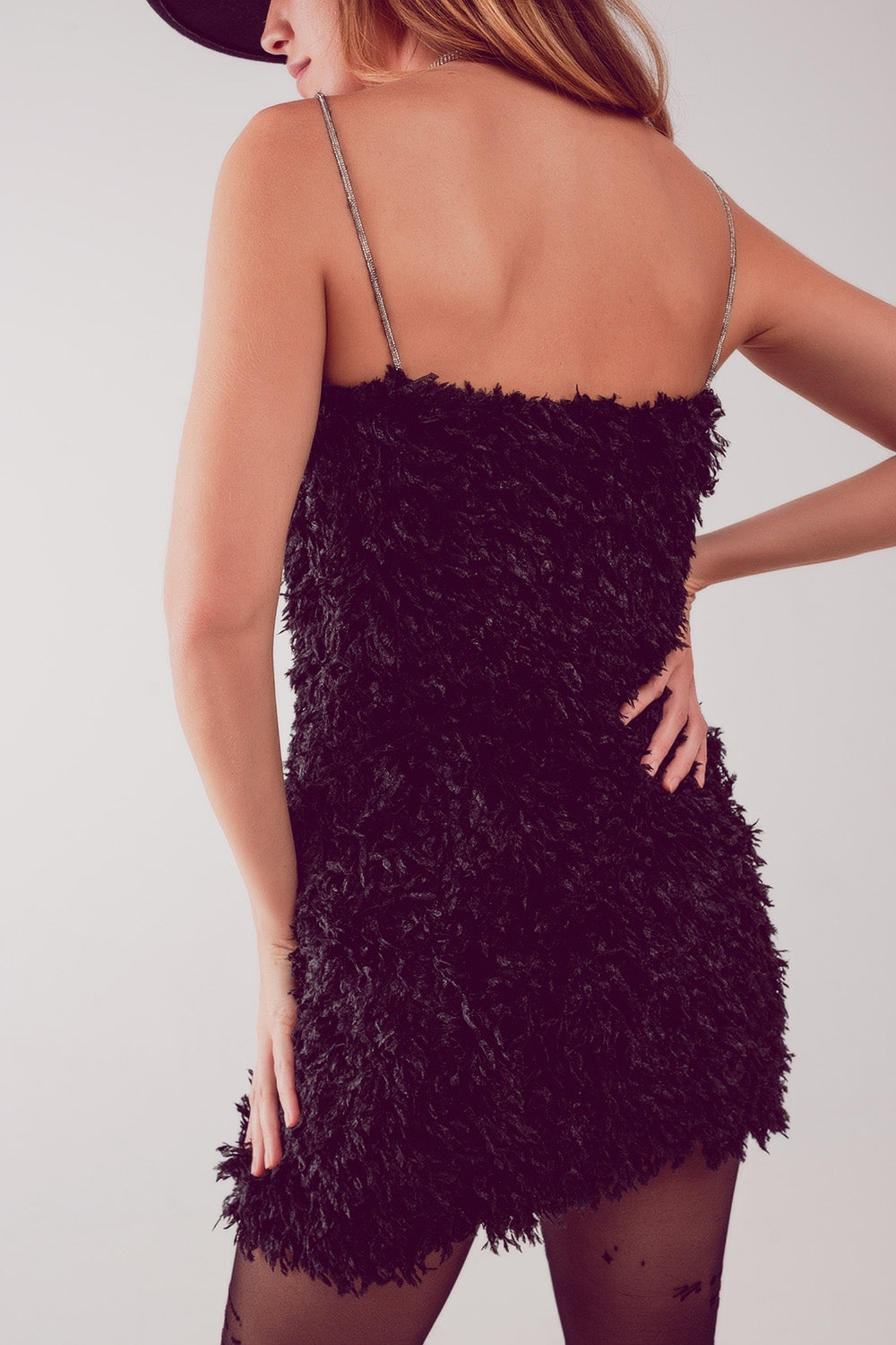 All over faux feather sleeveless mini dress in black - dress
