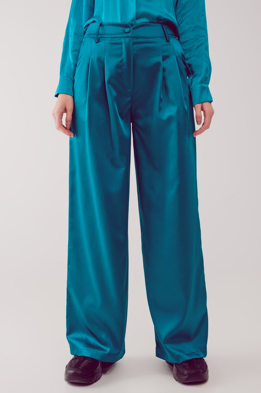 Palazzo pleated pants in turquoise - trousers