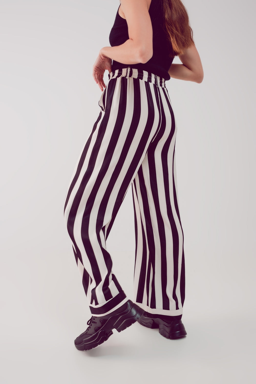 Satin wide leg stripe pants in black - trousers