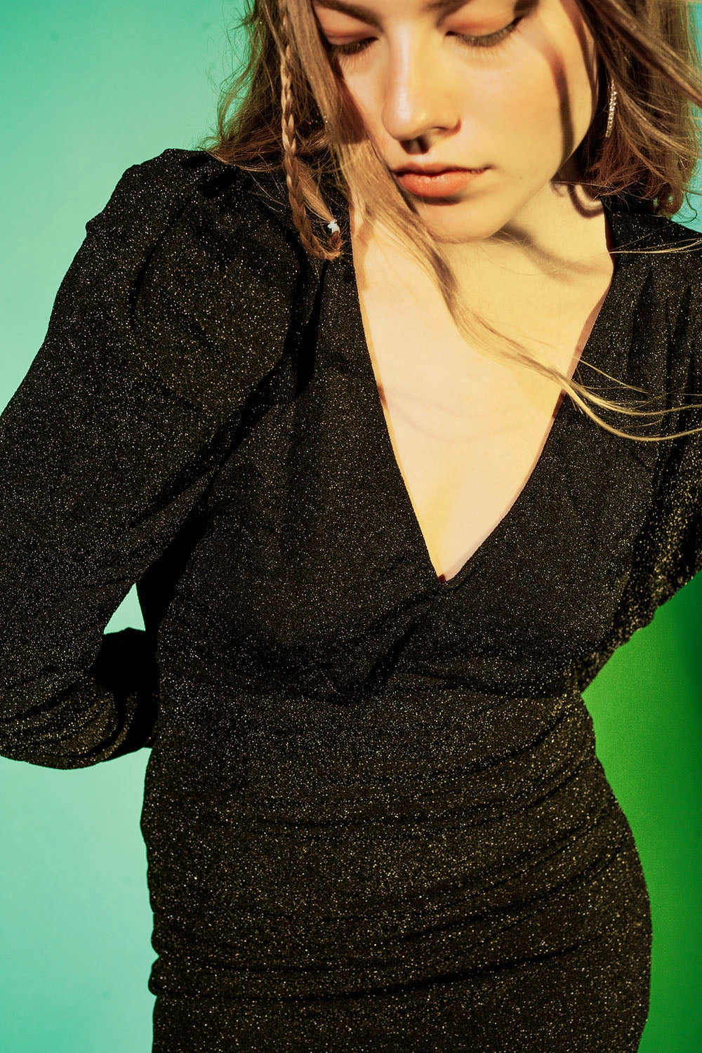 Mini v neck dress in black sparkle - dress
