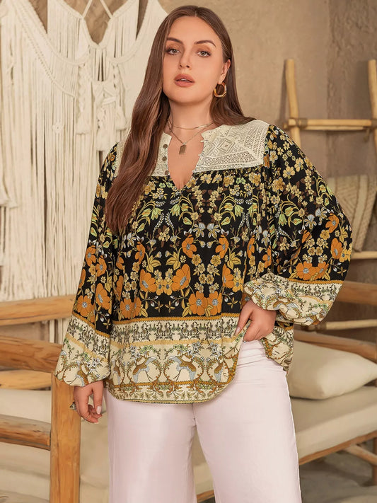 Plus Size Floral Print Notched Blouse Black -