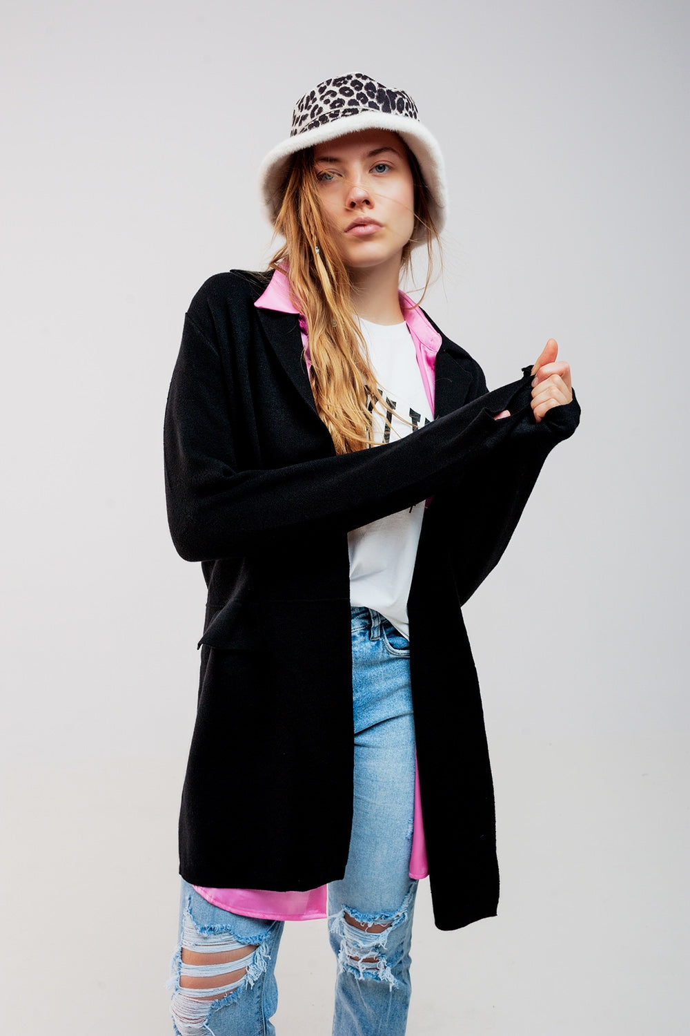 Oversized collar maxi cardigan in black