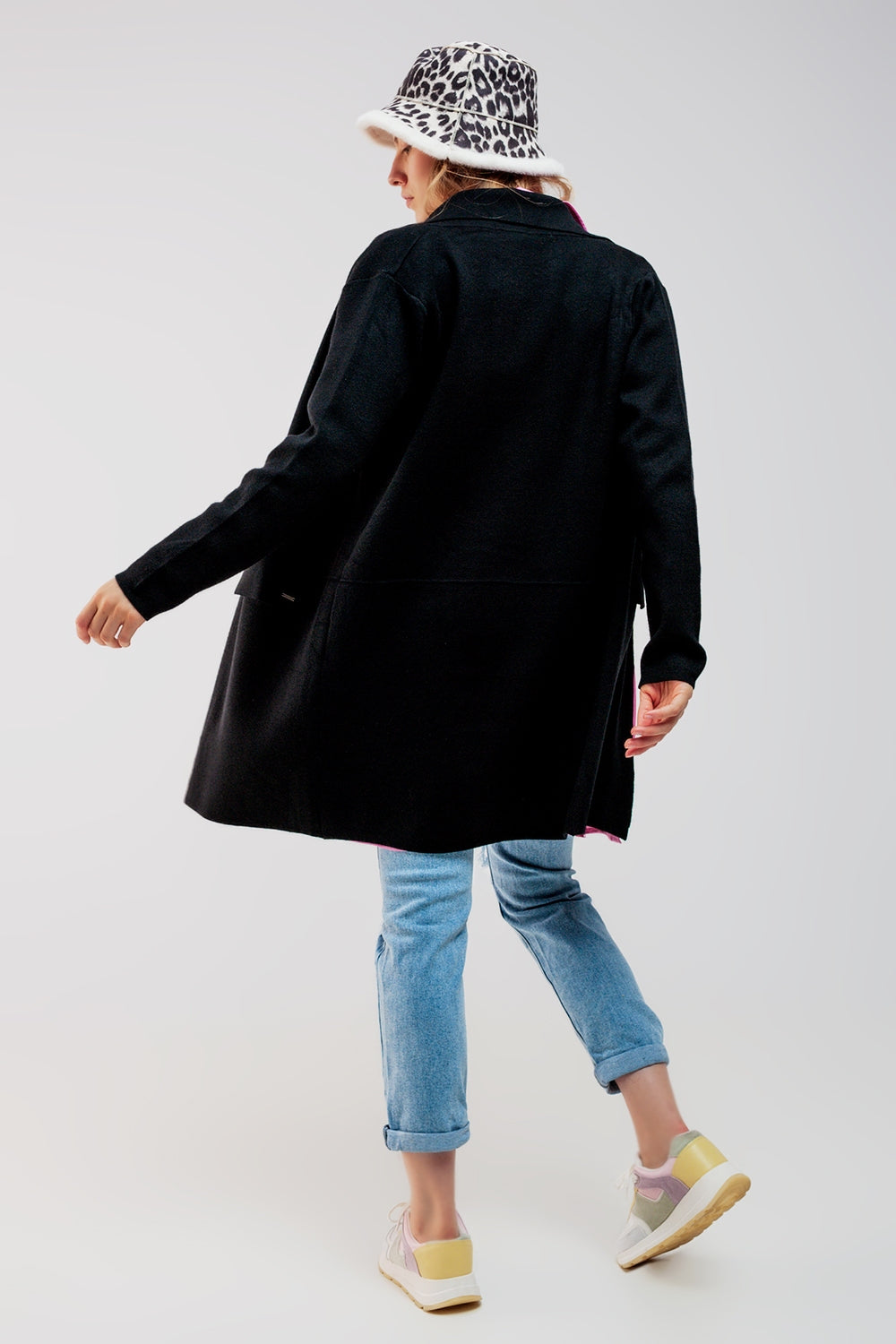 Oversized collar maxi cardigan in black