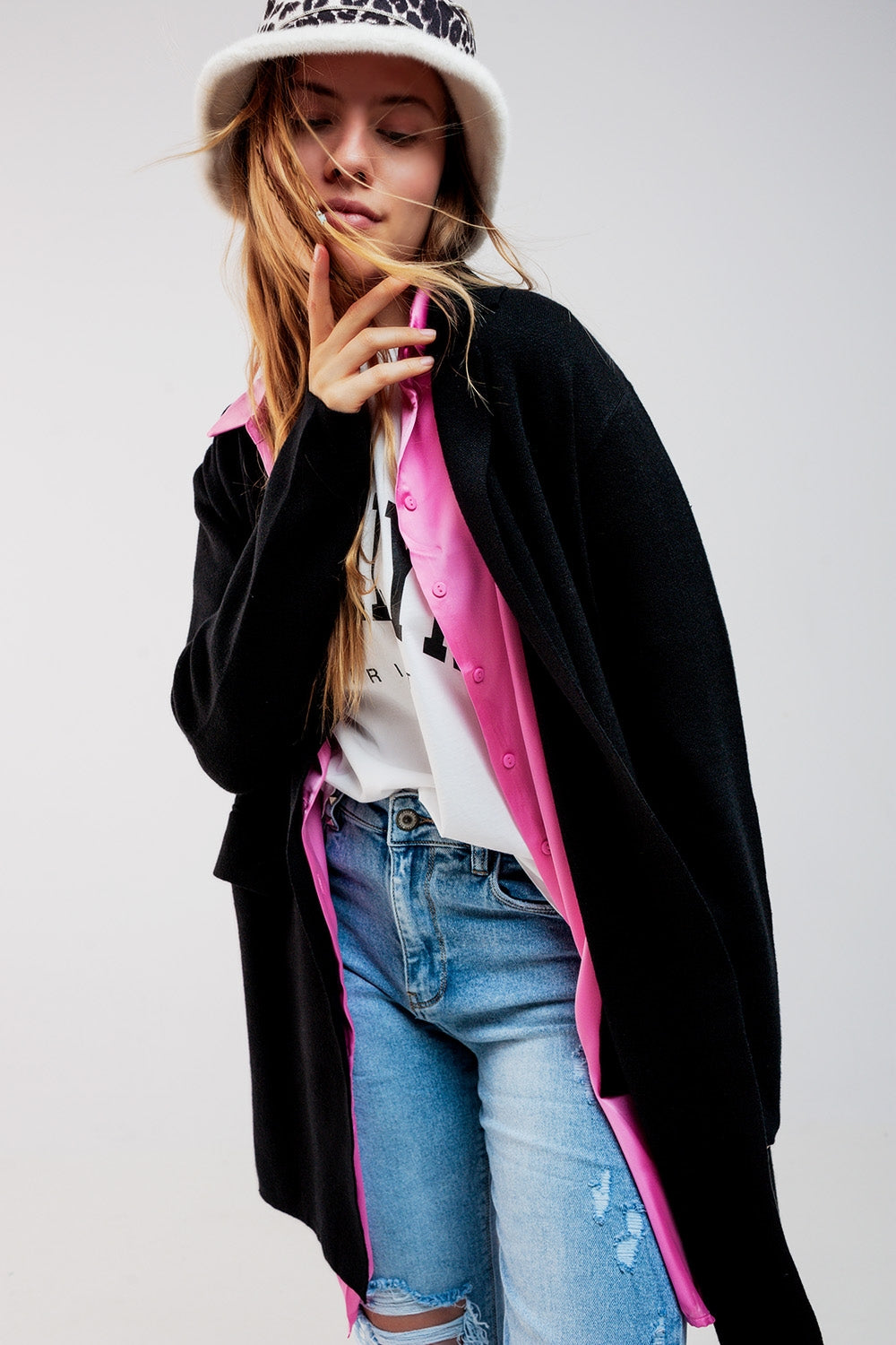 Oversized collar maxi cardigan in black