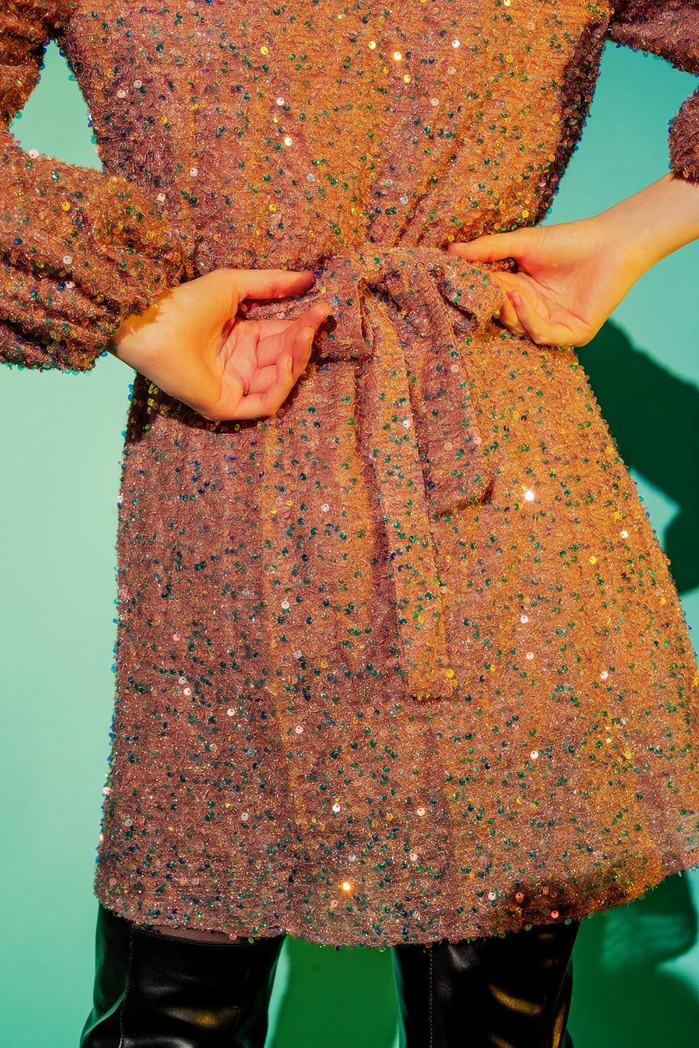 Sequin wrap mini dress in powder pink - dress
