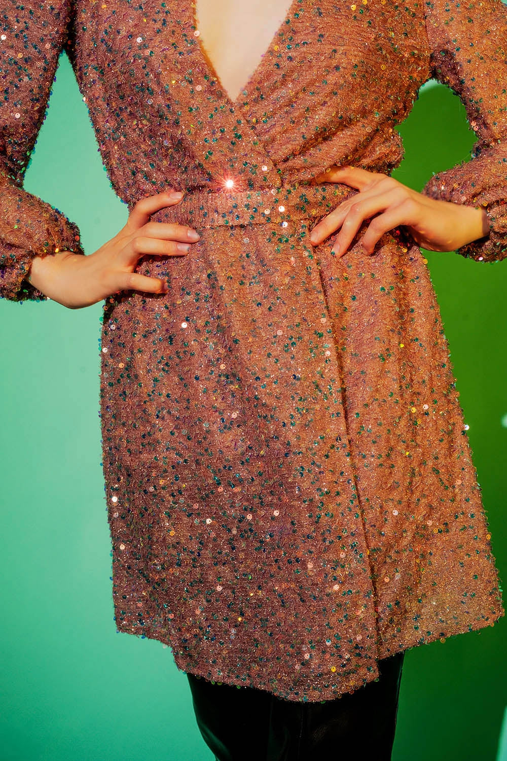 Sequin wrap mini dress in powder pink - dress