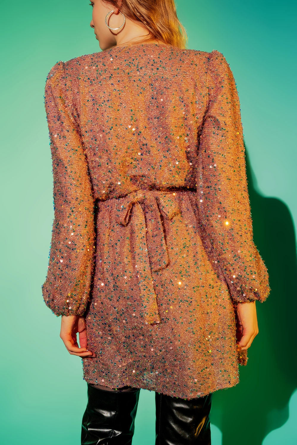 Sequin wrap mini dress in powder pink - dress