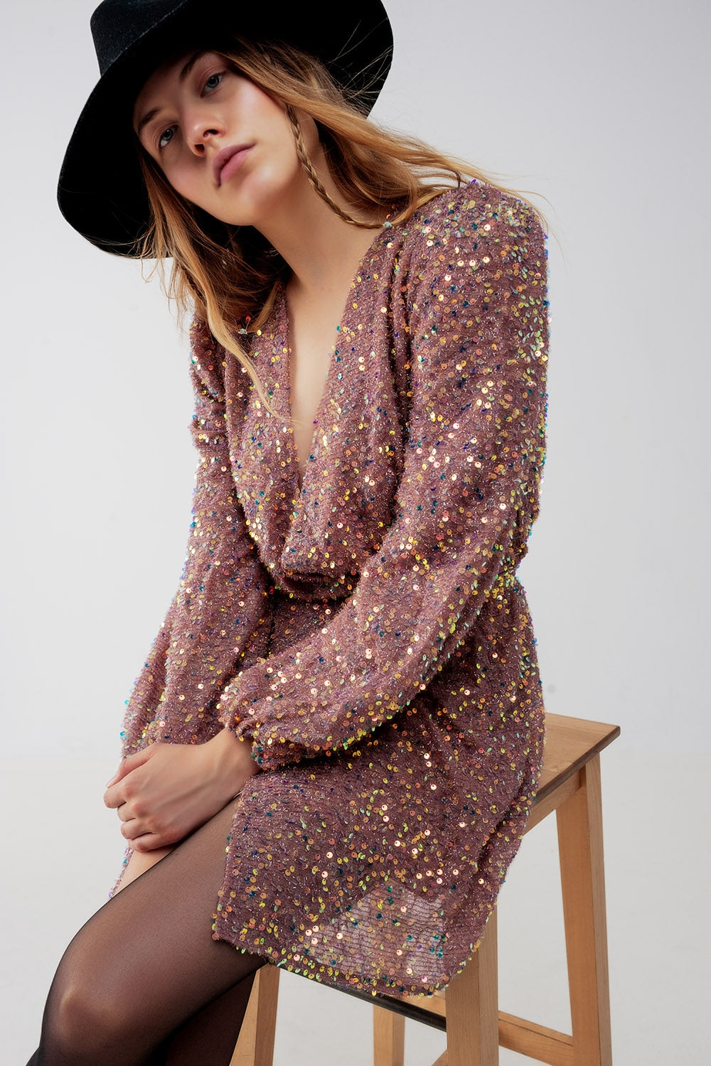 Sequin wrap mini dress in powder pink - dress