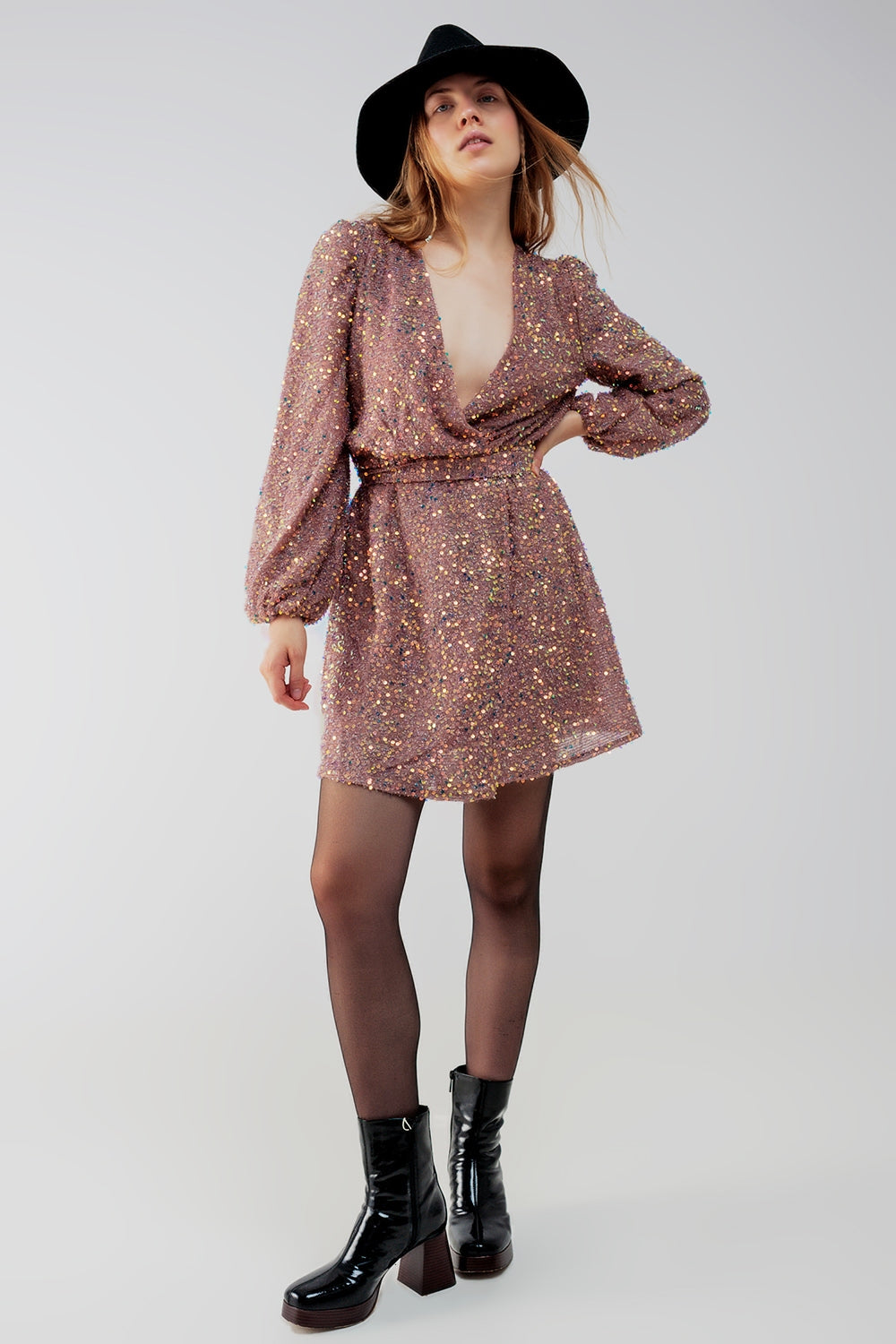 Sequin wrap mini dress in powder pink - dress