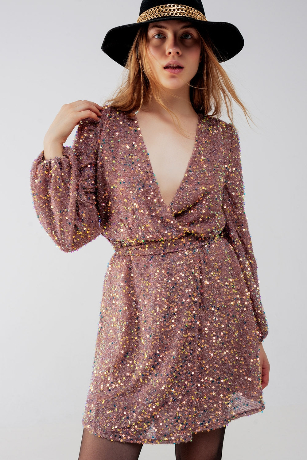 Sequin wrap mini dress in powder pink - dress