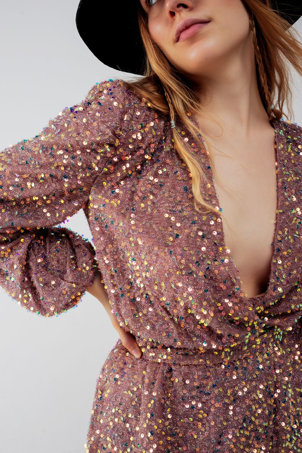 Sequin wrap mini dress in powder pink - dress
