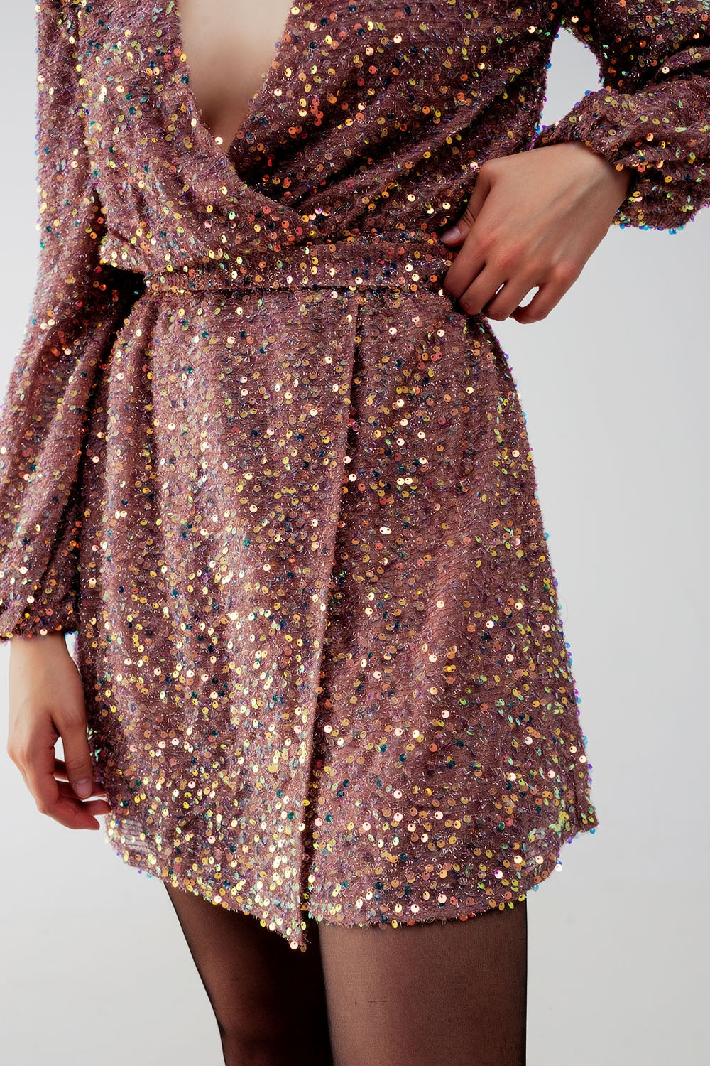 Sequin wrap mini dress in powder pink - dress